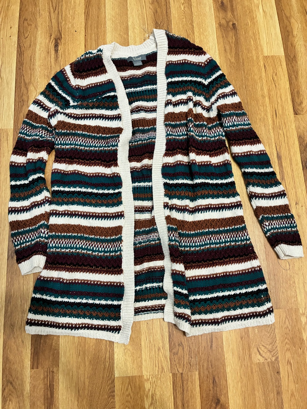 Striped Knit Cardigan in Teal, Brown & Cream